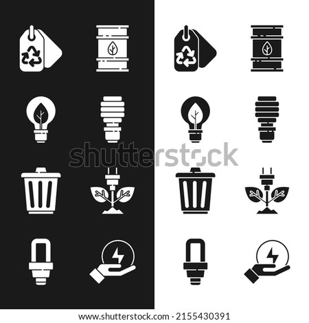 Set LED light bulb, Light with leaf, Tag recycle, Bio fuel barrel, Trash can, Electric saving plug in, Lightning bolt and  icon. Vector