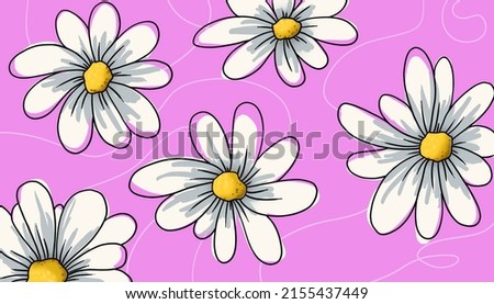 Drawn cartoon daisies. Lilac background. Flowers on a pink background. Sketching. Textile print.