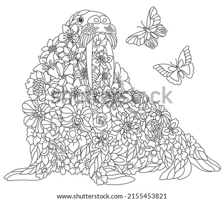 Floral adult coloring book page. Fairy tale walrus. Ethereal animal consisting of flowers, leaves and butterflies