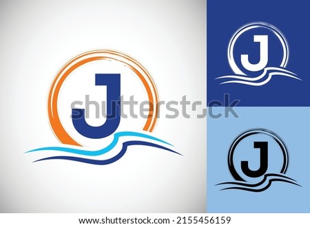 Initial J monogram letter with water ocean waves and the sun. Beach logo design concept