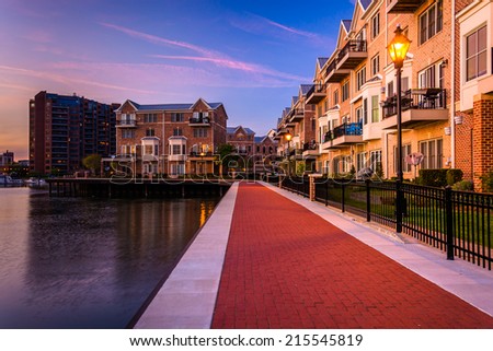 The waterfront in Canton at twilight, Baltimore, Maryland.