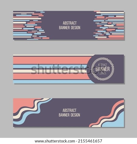 Set of 3 abstract vector banner templates. Banners with geometric elements, shapes, wavy smooth shapes, stripes. Retro colors. Place for text. Vector color  illustration.