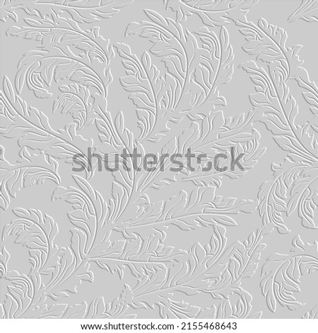 Embossed floral Baroque line art tracery 3d seamless pattern. Leafy relief background. Repeat textured white backdrop. Surface leaves, branches. 3d vintage endless ornaments with embossing effect. Royalty-Free Stock Photo #2155468643
