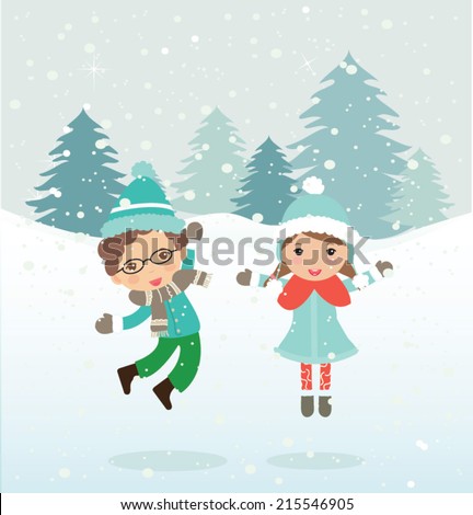 Happy kids playing. Can be used for retro christmas card. Vector illustration.