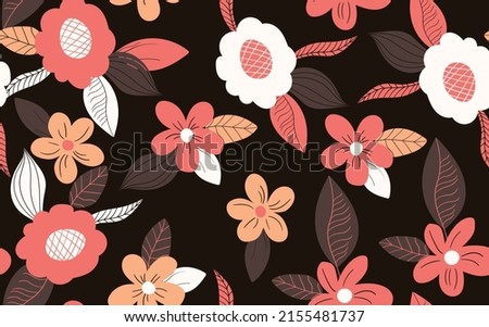Seamless floral pattern based on traditional folk art ornaments. Colorful flowers on color background. Scandinavian style. Sweden nordic style. Vector illustration. Simple minimalistic pattern.