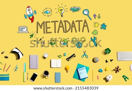 Metadata with collection of electronic gadgets and office supplies