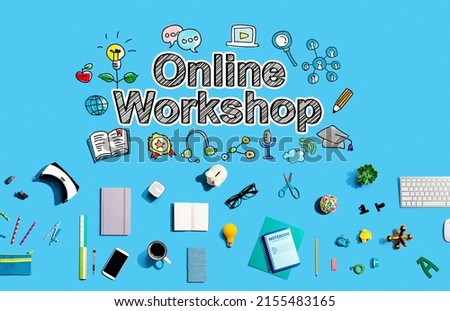 Online workshop with collection of electronic gadgets and office supplies
