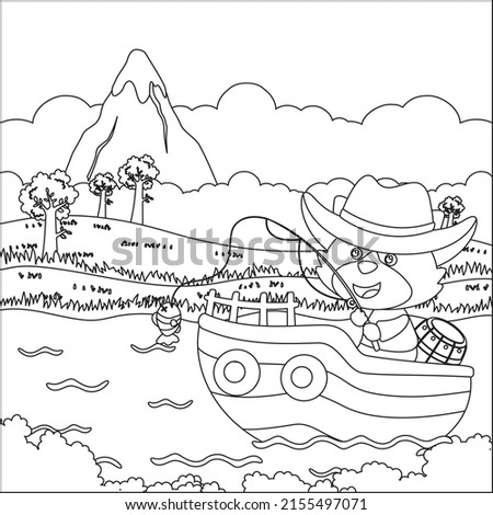 Vector cartoon illustration of cute fox fishing on sailboat with cartoon style. Childish design for kids activity colouring book or page.
