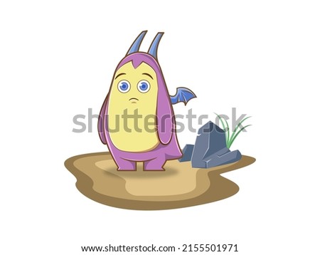 cute purple dragon character with little wing and horns standing on soil with blue stone and grass cartoon mascot vector