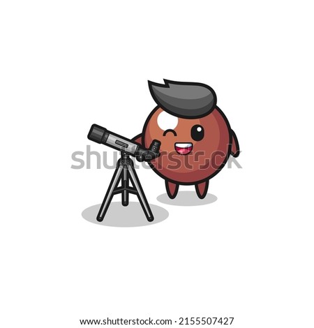 chocolate ball astronomer mascot with a modern telescope , cute design