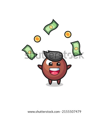 illustration of the chocolate ball catching money falling from the sky , cute design