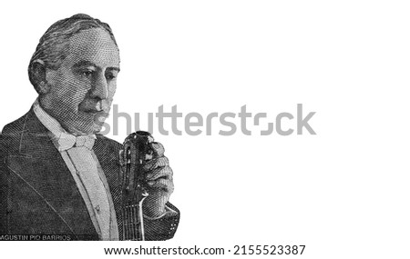 Agustin Pio Barrios Portrait from the fifty thousand Guaranies banknote of Paraguay from 2017. Agustin Pio Barrios was a Paraguayan composer and one of the first guitar virtuosos in South America.