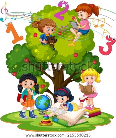 A children are reading books on a stack of books in garden scene  illustration