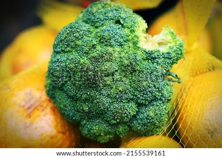 Close up image of broccoli flower with blurred yellow background