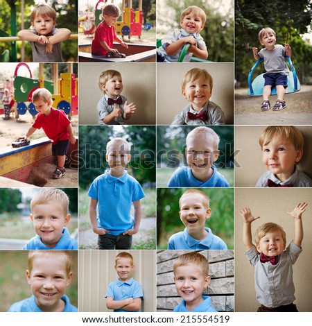 set of pictures playing happy kids, portraits and close-up children in the playground