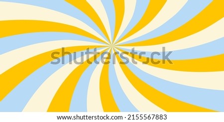 Retro horizontal background with sunburst in a spiral or swirled radial striped design. Blue, yellow and beige colors. Trendy vector illustration in style 70s, 80s