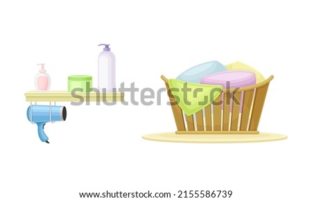 Bathroom accessories set. Cosmetics, hairdryer and laundry basket cartoon vector illustration