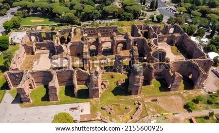 Aerial view of Baths of Caracalla located in Rome, Italy. They were important thermae and public baths of ancient Rome and today they are a visitable monument. Royalty-Free Stock Photo #2155600925