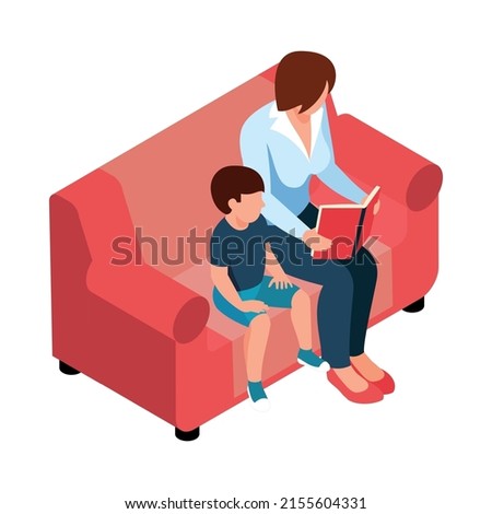 Isometric family homeschooling education learn online study composition with isolated image on blank background vector illustration