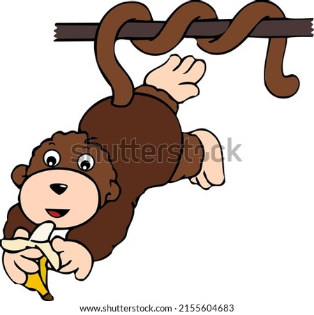 Cute monkey hanging from iron bar eating a banana
