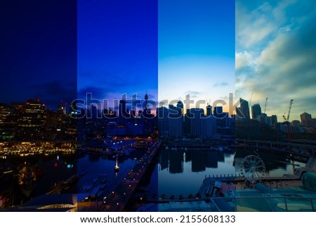 A sliced time lapse photography of bay area at Darling harbour in Sydney night to day. New South Wales Sydney Australia - 01.28.2020 Here is Darling Harbour. Royalty-Free Stock Photo #2155608133
