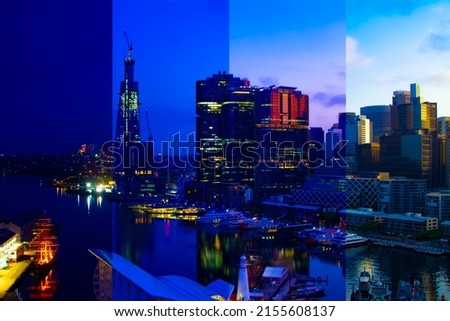 A sliced time lapse photography of bay area at Darling harbour in Sydney night to day. New South Wales Sydney Australia - 01.28.2020 Here is Darling Harbour. Royalty-Free Stock Photo #2155608137
