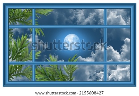 night sky and full moon image for ceiling decoration. sky from behind window frame.