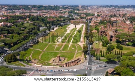 Aerial view of Circus Maximus, an ancient Roman chariot-racing stadium and mass entertainment venue in Rome, Italy. Now it's a public park but it was the first and largest stadium in ancient Rome. Royalty-Free Stock Photo #2155613419
