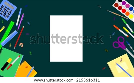 Multicolored school stationery accessories with a white sheet in the center on a dark green background. Flat illustration. Top view