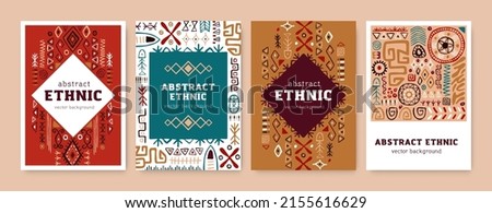 Card designs with ethnic African tribal ornaments. Abstract background design templates with ancient tribe geometric drawn elements, patterns, shapes, symbols. Isolated flat vector illustrations set Royalty-Free Stock Photo #2155616629