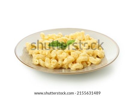 Tasty macaroni and cheese isolated on white background Royalty-Free Stock Photo #2155631489