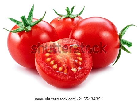 Ripe cherry tomatoes isolated on white background. Macro shot. Popular worldwide product as ingredient in many Mediterranean dishes. Royalty-Free Stock Photo #2155634351