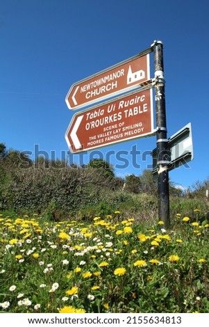 Road signs for O'Rourke's Table, a scenic landmark, and Newtownmanor Church against backdrop of blue sky with meadow of daisy and danedelion flowers. County Leitrim, Ireland