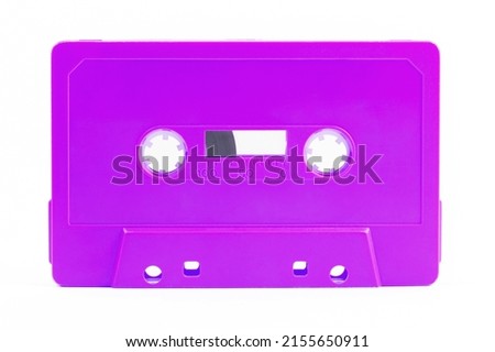 One single simple funky light neon purple analog audio cassette tape object isolated on white, cut out, nobody. Retrowave, synthwave retro vintage 80s 90s aesthetic style symbol, gadget, no people