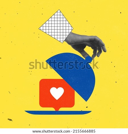 Contemporary art collage. Human hand opening dish with social media like isolated over yellow background. Internet popularity. Concept of social media, influence, popularity, modern lifestyle and ad Royalty-Free Stock Photo #2155666885