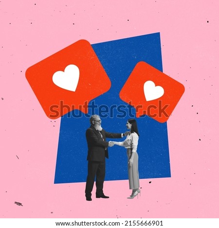 Contemporary art collage. Senior man shaking hand of young woman under social media likes. Social marketing success. Concept of social media, influence, popularity, modern lifestyle and ad