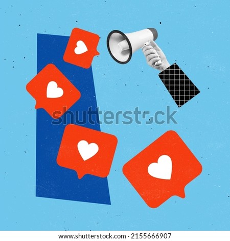 Contemporary art collage. Megaphone and social media likes isolated over blue background. Internet information. Concept of social media, influence, popularity, modern lifestyle and ad