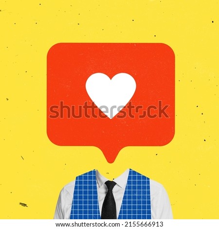 Contemporary art collage. Giant social media like instead human head isolated over yellow background. Concept of social media, influence, popularity, modern lifestyle and ad Royalty-Free Stock Photo #2155666913