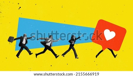 Contemporary art collage. People running in a line to get social media like isolated over yellow background. Internet addiction. Concept of social media, influence, popularity, modern lifestyle and ad