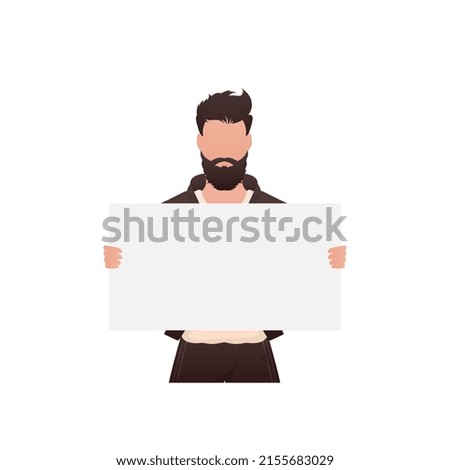 A young strong guy stands waist-deep and holds an empty banner in his hands. Isolated. Cartoon style. Vector illustration