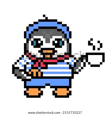 Penguin in beret and striped shirt with croissant and coffee cup, pixel art animal on white. Old school retro 80's, 90's 8 bit slot machine, video game graphics. Cartoon France mascot. Cafe character.