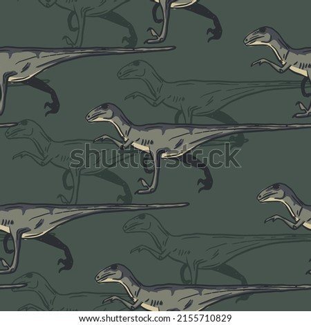 Seamless pattern with cartoon velociraptor. Background with dino for textile, fabric, kids, boy, wrapping paper, Web, clothes, socks and other design.
