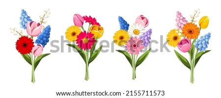 Bouquets of colorful spring flowers isolated on a white background. Set of vector illustrations