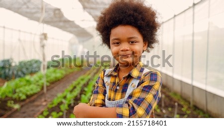 Little boy enjoys planting new flowers and vegetable plants. African descent child gardening in outdoor vegetable, flower garden in spring or summer season. Royalty-Free Stock Photo #2155718401