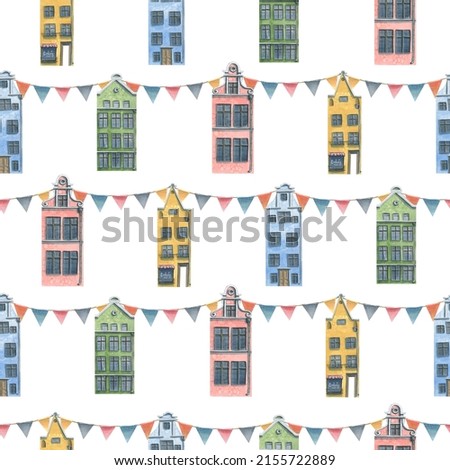 Cute, European houses with flags, different, colorful. A simple, seamless pattern. Hand-drawn in watercolor. For textiles, fabrics, wallpaper, prints scrapbooking paper banners printing