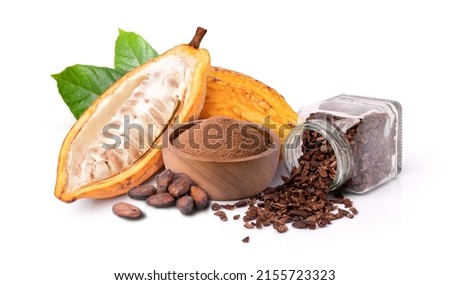 Cocoa fruit with powder in wooden bowl, dry cacao beans and cocoa nib in glass bottle isolated on white background.  Royalty-Free Stock Photo #2155723323