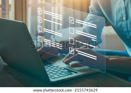 questionnaire with checkboxes, filling survey form online, answer questions of test Royalty-Free Stock Photo #2155743629