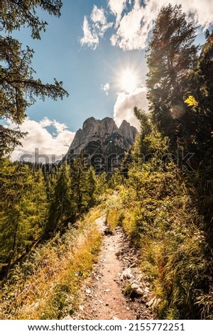 Majestic landscape of  Dolomites lake Sorapis with colorful larches and high mountains. Wonderful hiking nature scenery in dolomite, italy near Cortina d'Ampezzo Royalty-Free Stock Photo #2155772251