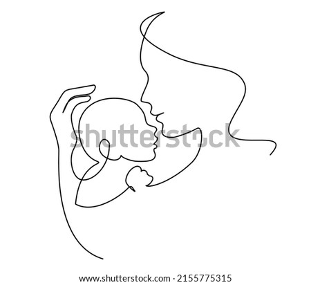 Mom holding a new born baby. Lineart family portret. Continuous one line drawing. Vector illustration Royalty-Free Stock Photo #2155775315