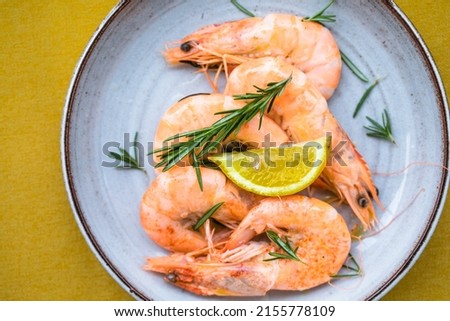Tiger prawns shrimps set, on  fabric surface, top view flat lay, with copy space for text